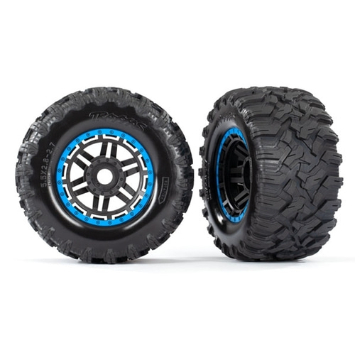 AX8972A Tires &amp; wheels, assembled, glued (black, blue beadlock style wheels, Maxx® MT tires, foam inserts) (2) (17mm splined) (TSM® rated)